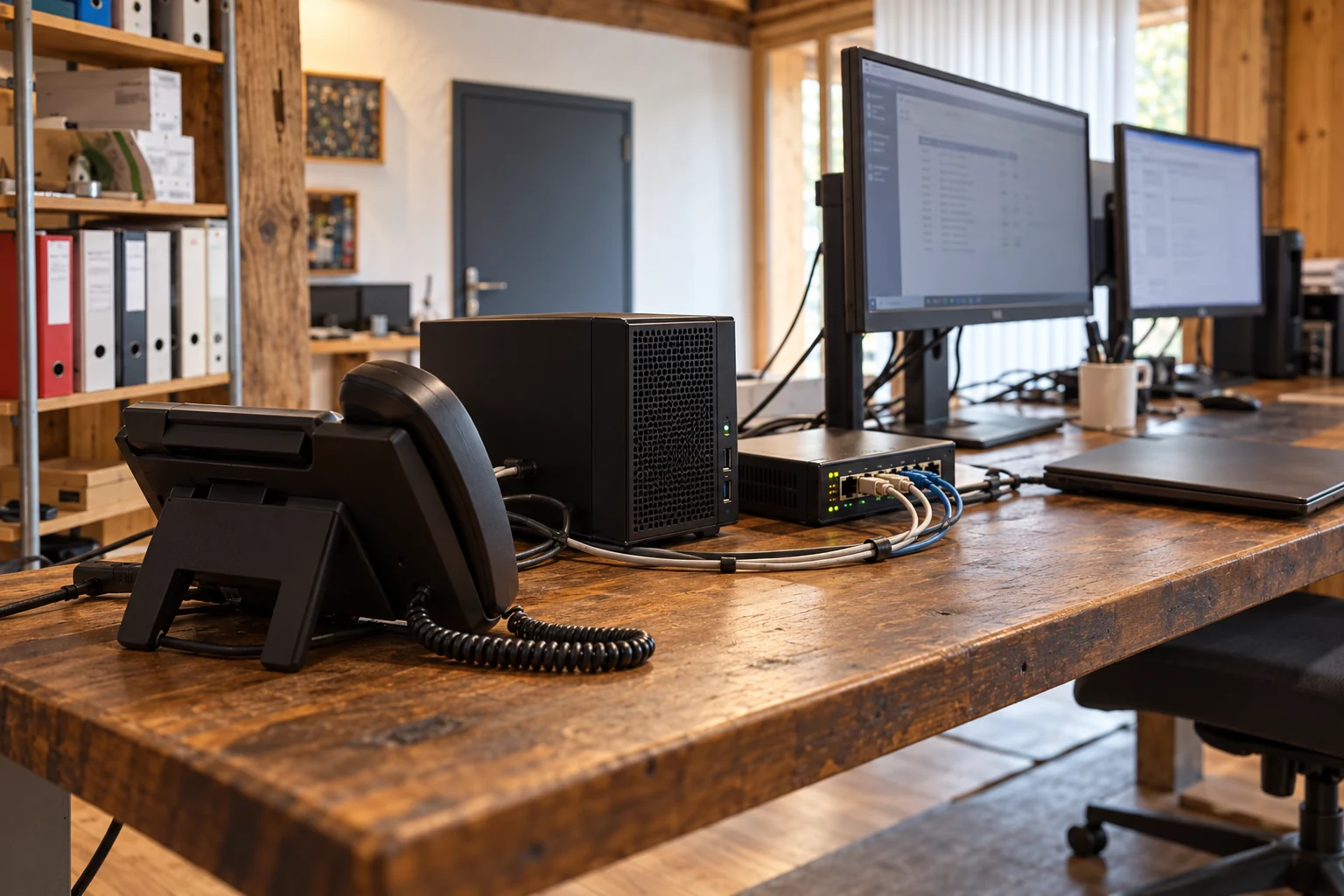 Illustration d’un poste informatique dans un atelier en bois, avec téléphone IP et équipement compact.