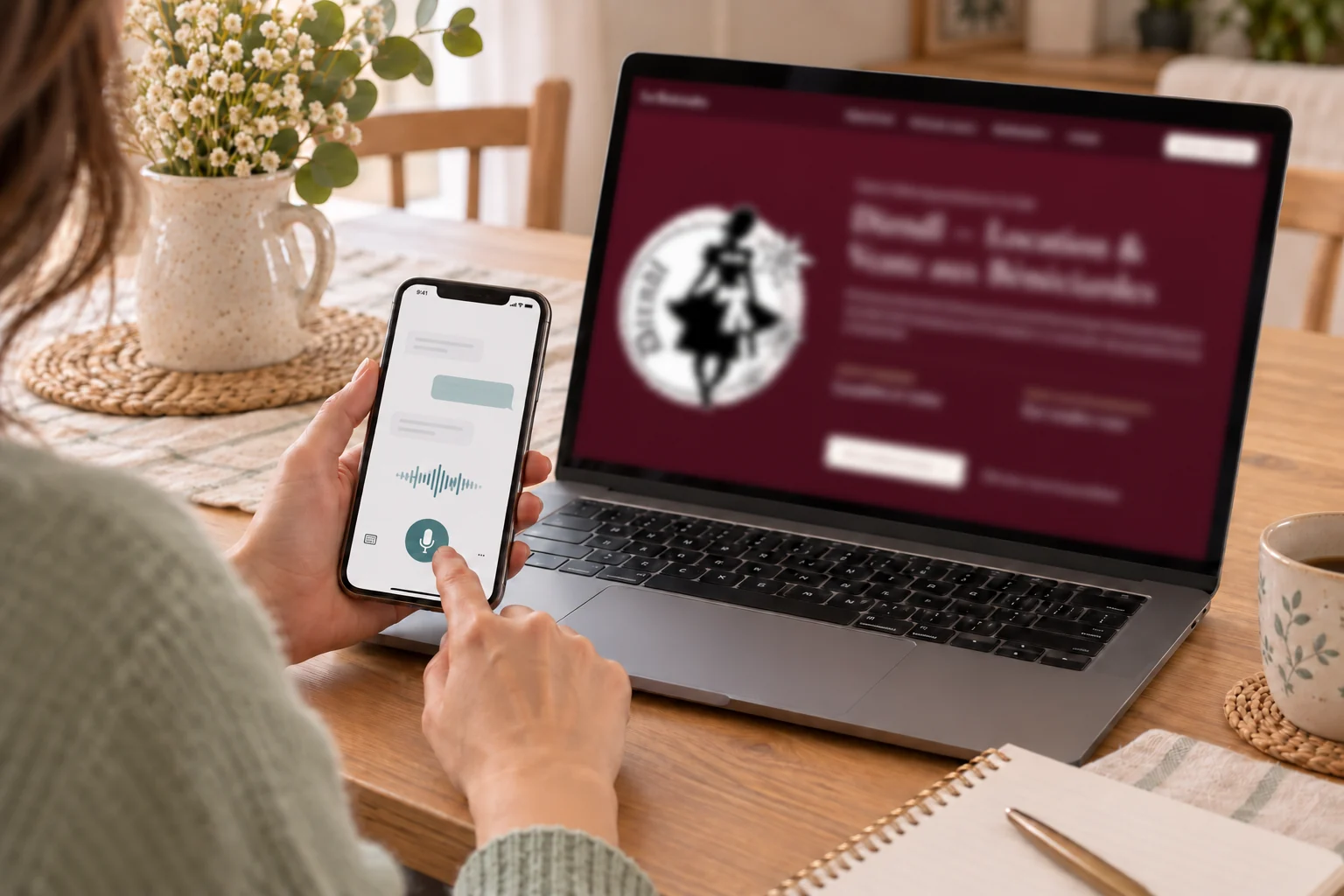 Illustration d’une mise à jour de site dictée depuis un smartphone, à la maison.